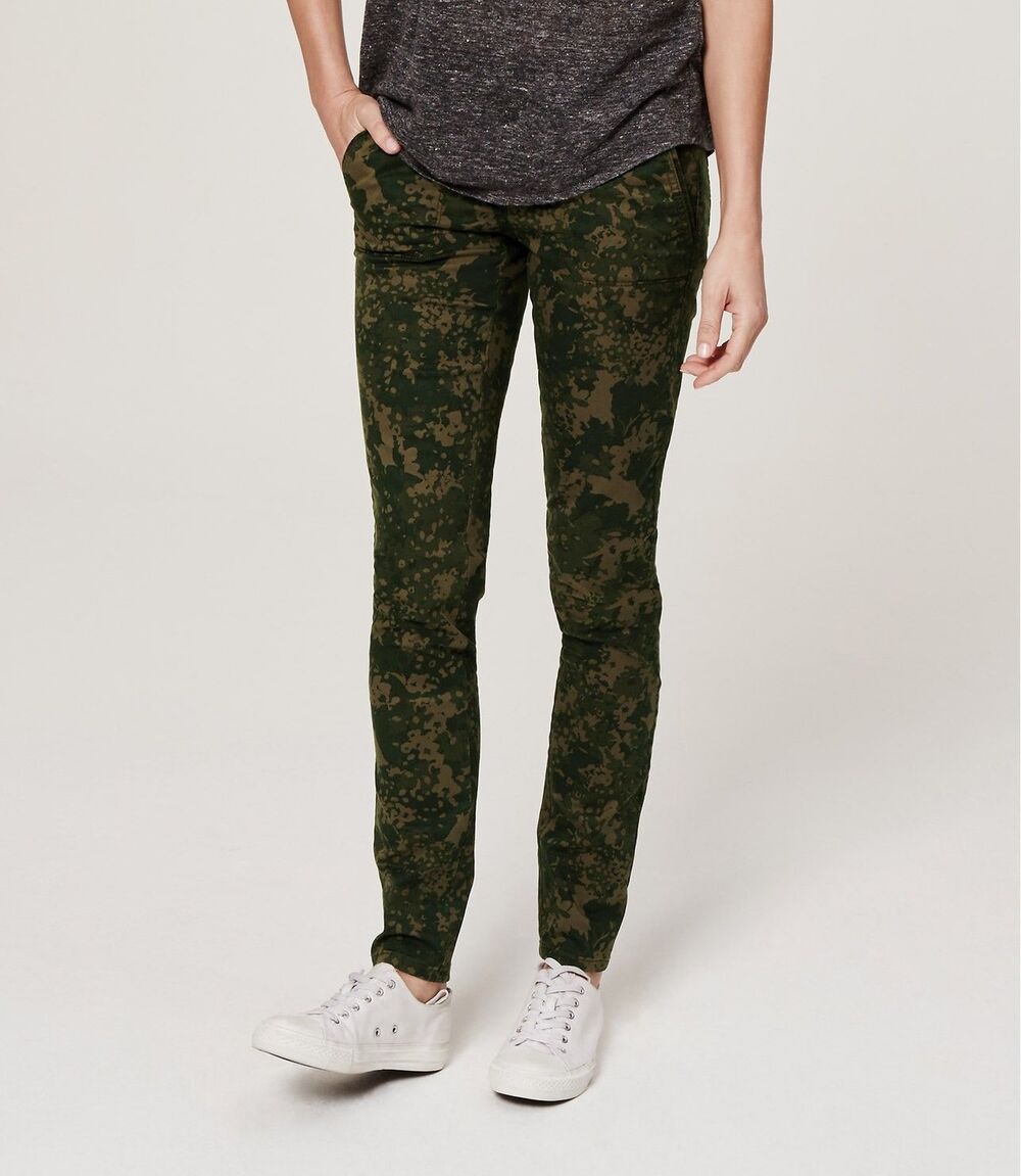 LOFT Camo Green Pants Womens Sz 14 Marisa Skinny Flat Front Mid Rise Stretch NWT